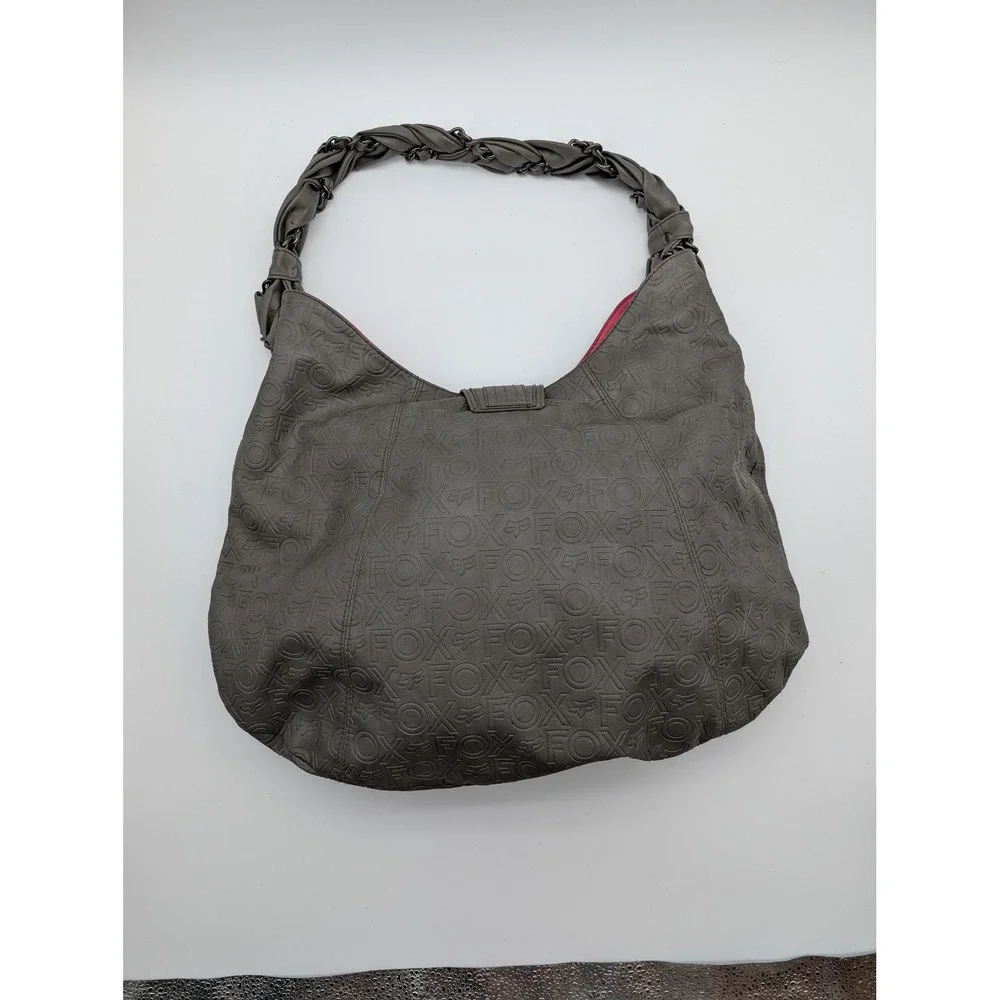 Fox Racing Grey Embossed Logo Hobo Bag Pink Interior Braided Chain Strap Womens
